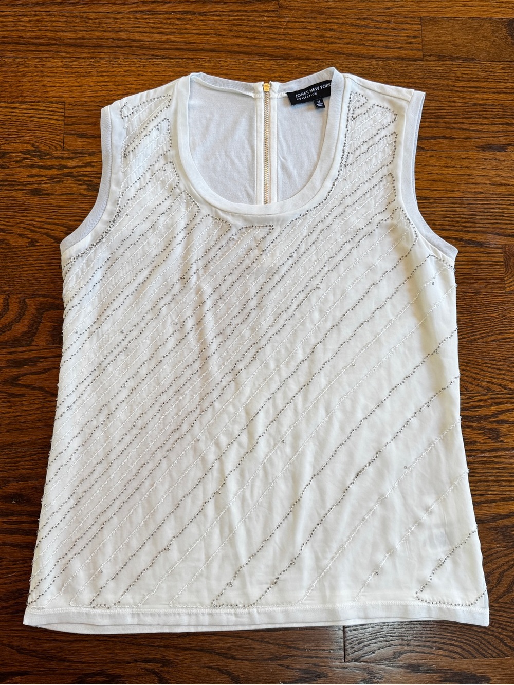 Jones New York Collection White Scoop Neck Knit Beaded Zip Tank Top Women's M